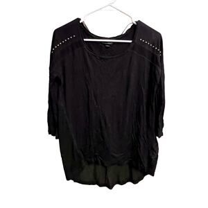 Rock & Republic Long Sleeve Black Shoulder Studded Mesh Blouse Size Medium